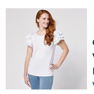 G by Giuliana White Knit Top with Tiered Ruffle Sleeves